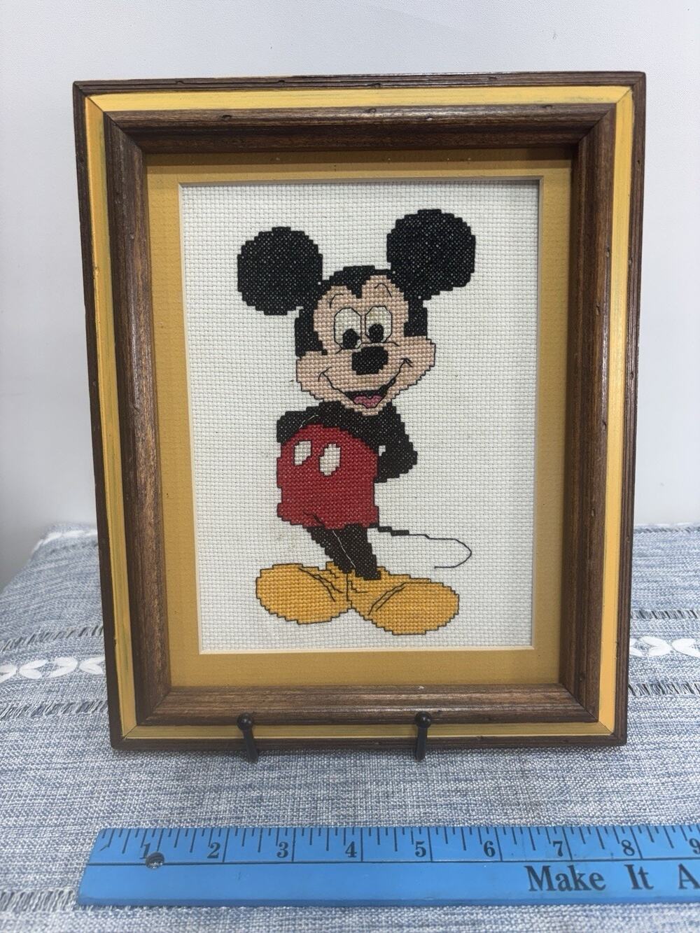 Vintage Mickey Mouse Hand Stitched Cross Stitch Framed Folk Art Disney Decor